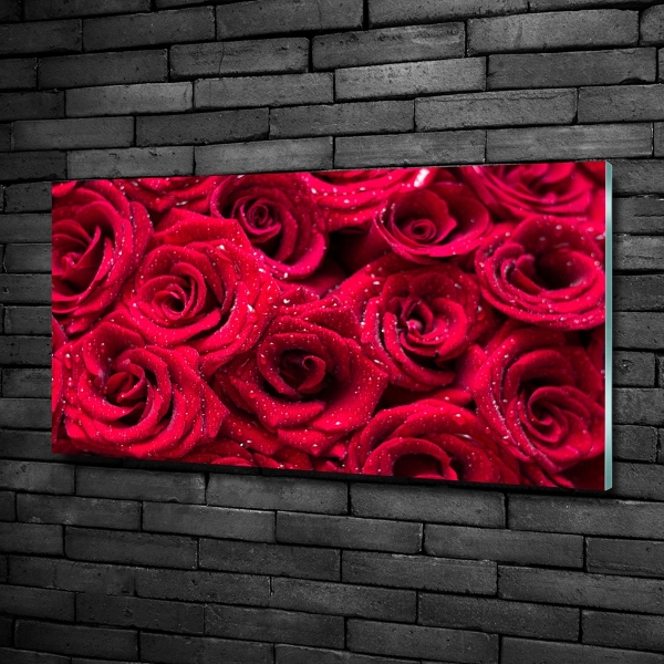 Cuadro decorativo de vidrio para salón horizontal Gotas sobre rosas