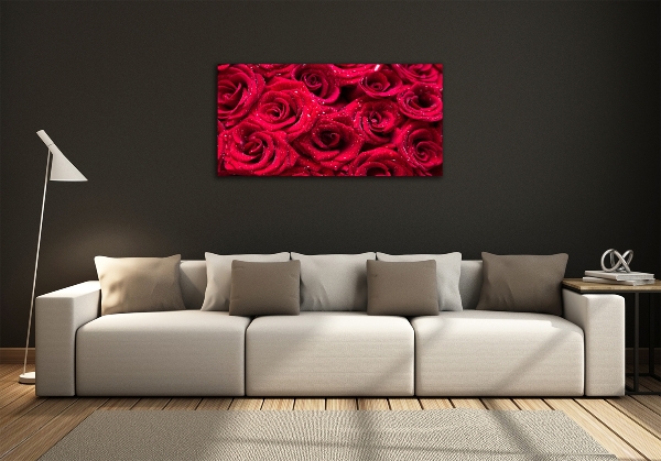 Cuadro decorativo de vidrio para salón horizontal Gotas sobre rosas