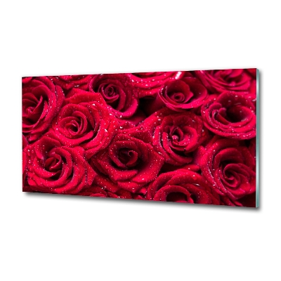 Cuadro decorativo de vidrio para salón horizontal Gotas sobre rosas
