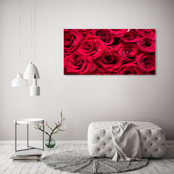 Cuadro decorativo de vidrio para salón horizontal Gotas sobre rosas
