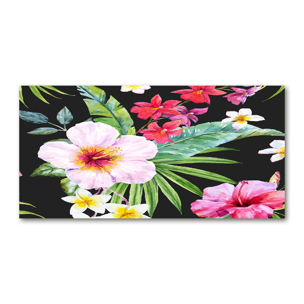 Cuadro decorativo de vidrio para salón horizontal flores hawaianas