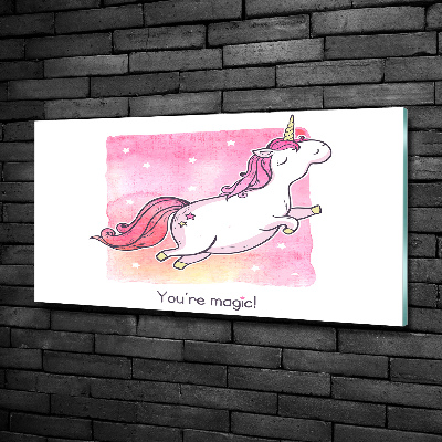 Cuadro decorativo de vidrio para salón horizontal Unicornio rosa