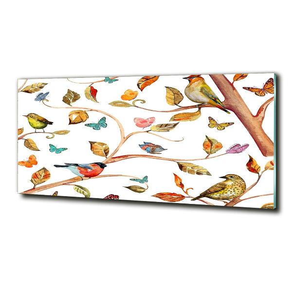 Cuadro decorativo de vidrio para salón horizontal Pájaros y mariposas