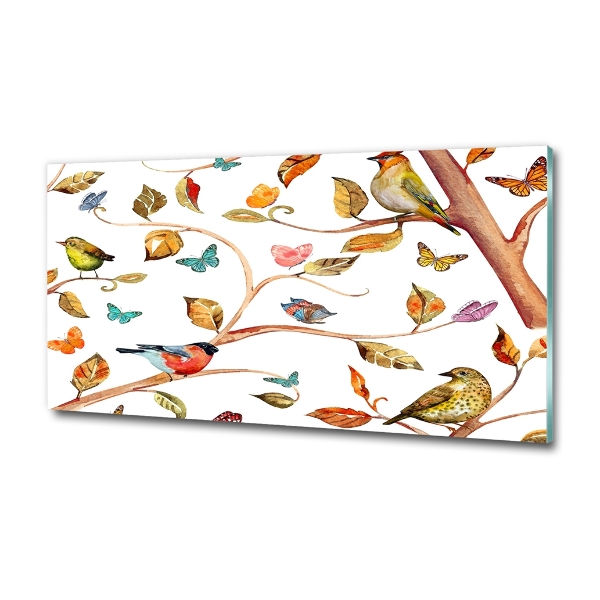 Cuadro decorativo de vidrio para salón horizontal Pájaros y mariposas