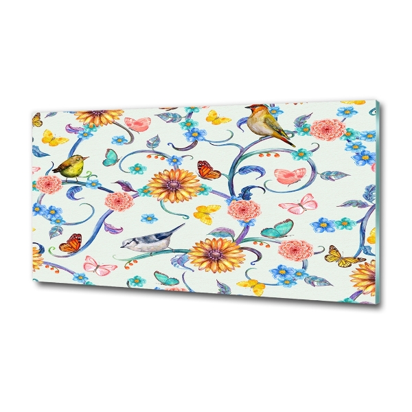 Cuadro de cristal templado moderno horizontal Flores y pájaros