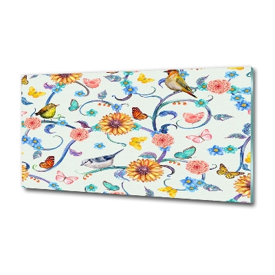 Cuadro de cristal templado moderno horizontal Flores y pájaros