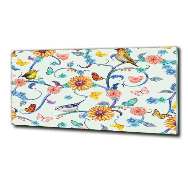 Cuadro de cristal templado moderno horizontal Flores y pájaros