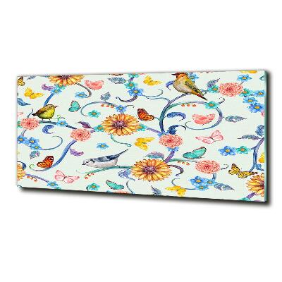 Cuadro de cristal templado moderno horizontal Flores y pájaros