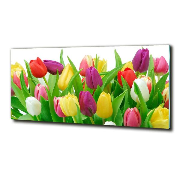 Cuadro decorativo de vidrio para salón horizontal tulipanes coloridos