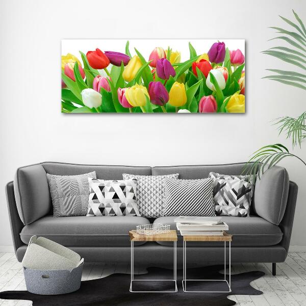 Cuadro decorativo de vidrio para salón horizontal tulipanes coloridos