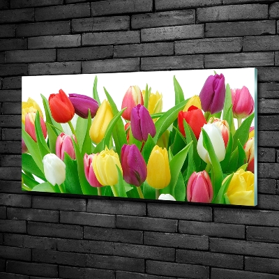 Cuadro decorativo de vidrio para salón horizontal tulipanes coloridos