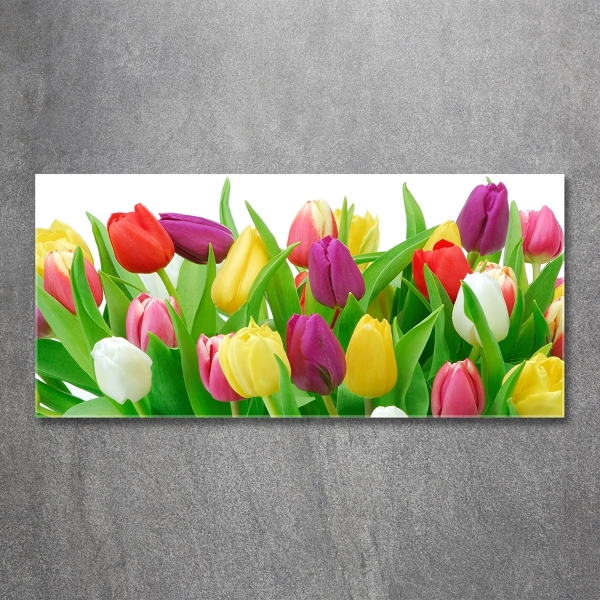 Cuadro decorativo de vidrio para salón horizontal tulipanes coloridos