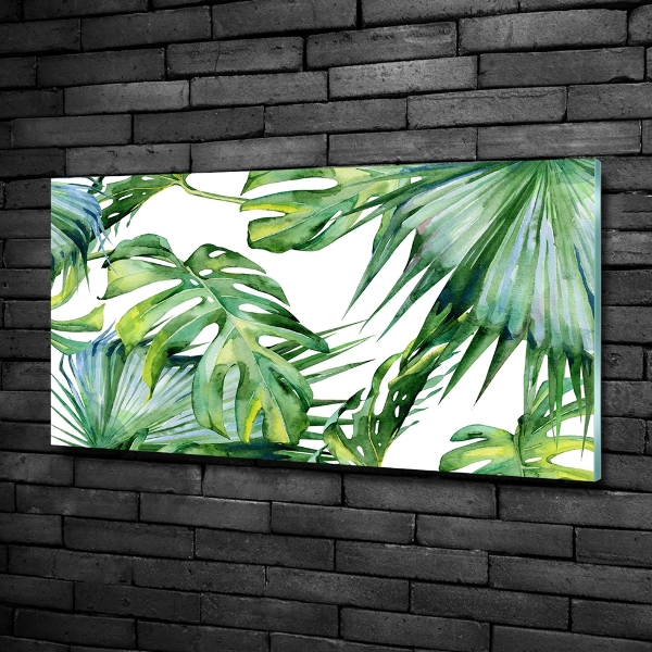 Cuadro decorativo de vidrio para salón horizontal hojas tropicales