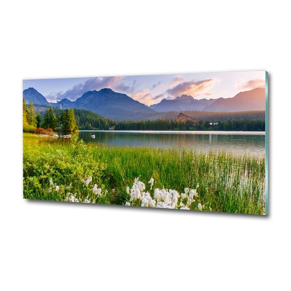 Cuadro decorativo de vidrio para salón horizontal Lago en las montañas