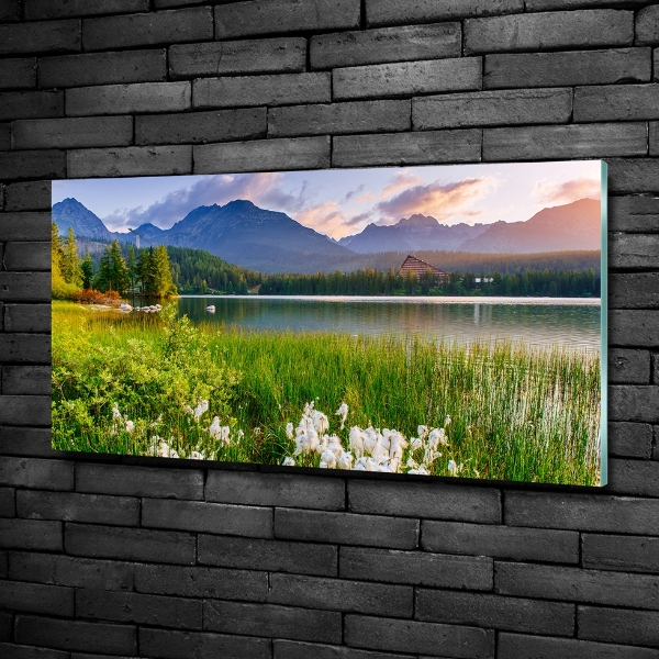 Cuadro decorativo de vidrio para salón horizontal Lago en las montañas