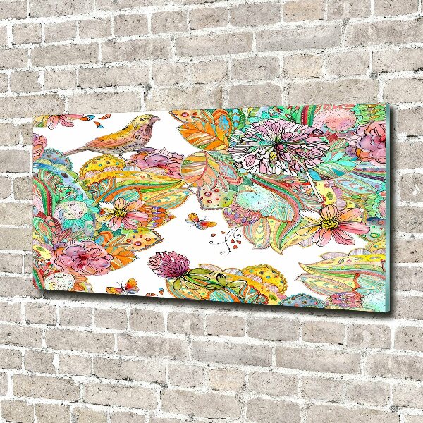 Cuadro decorativo de vidrio para salón horizontal Pájaro y adornos