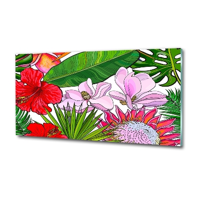 Cuadro decorativo de vidrio para salón horizontal flores hawaianas
