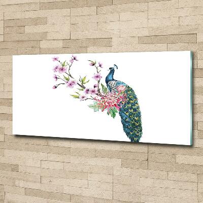 Impresión en cristal con acabado brillante horizontal Pavo real y flores