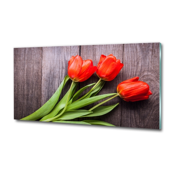 Cuadro decorativo de vidrio para salón horizontal tulipanes rojos