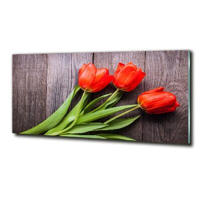 Cuadro decorativo de vidrio para salón horizontal tulipanes rojos