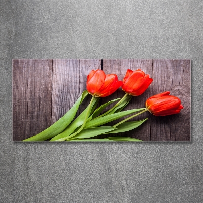 Cuadro decorativo de vidrio para salón horizontal tulipanes rojos