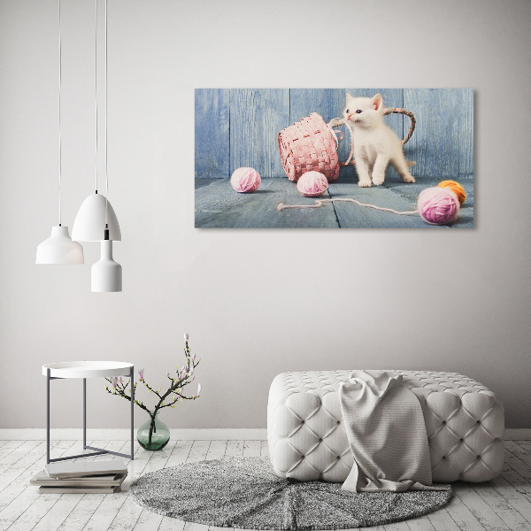 Foto-obraz szklany Biały kot i motki