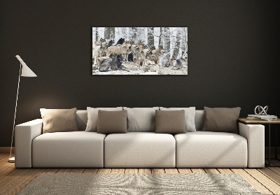 Cuadro decorativo de vidrio para salón horizontal Lobos en invierno