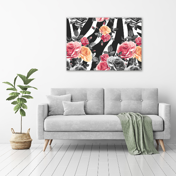 Impresión en cristal con acabado brillante horizontal Rosas sobre fondo de cebra