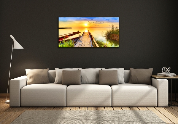 Cuadro de cristal templado moderno horizontal Barco y muelle