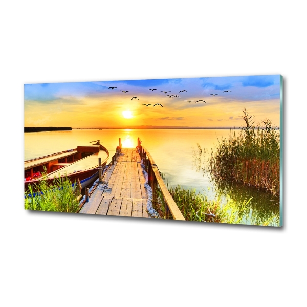 Cuadro de cristal templado moderno horizontal Barco y muelle