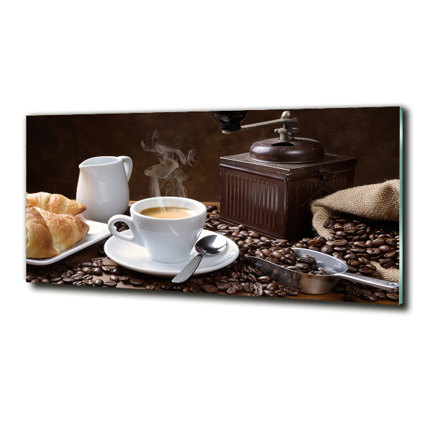 Cuadro decorativo de vidrio para salón horizontal Croissants y café