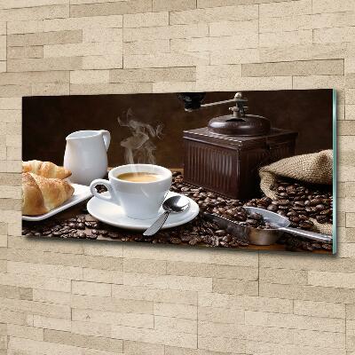Cuadro decorativo de vidrio para salón horizontal Croissants y café