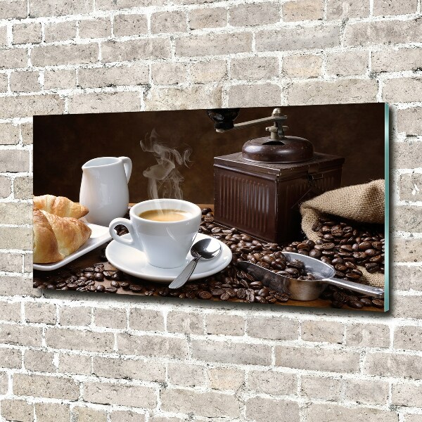 Cuadro decorativo de vidrio para salón horizontal Croissants y café