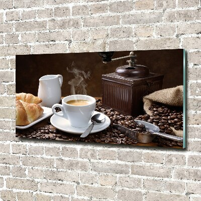 Cuadro decorativo de vidrio para salón horizontal Croissants y café