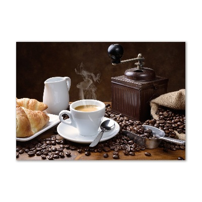 Cuadro decorativo de vidrio para salón horizontal Croissants y café