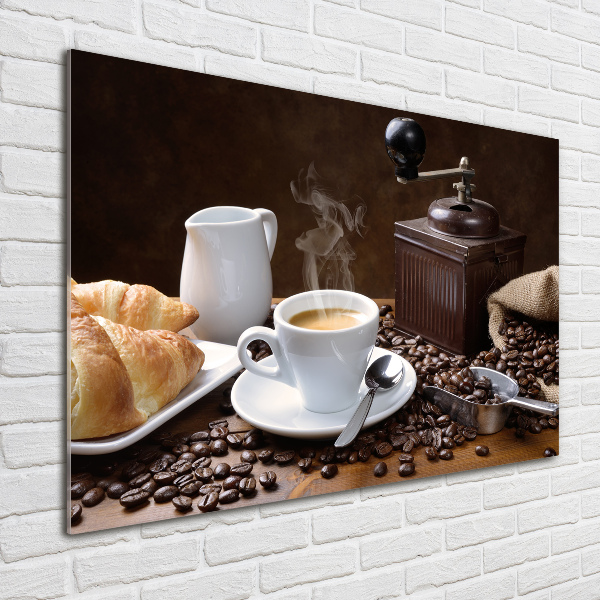 Cuadro decorativo de vidrio para salón horizontal Croissants y café