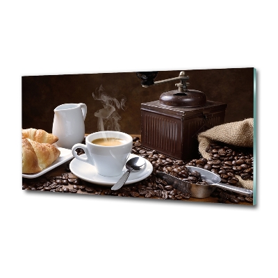Cuadro decorativo de vidrio para salón horizontal Croissants y café