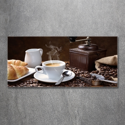 Cuadro decorativo de vidrio para salón horizontal Croissants y café