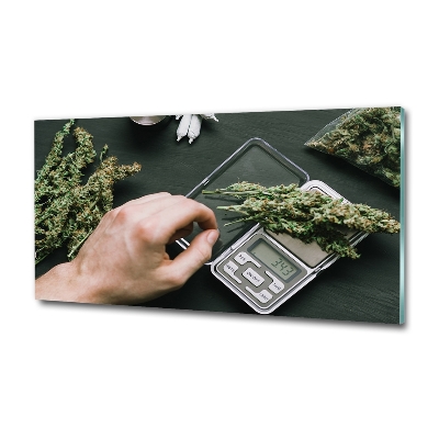 Cuadro decorativo de vidrio para salón horizontal cogollos de marihuana