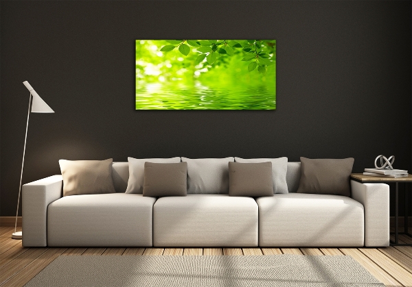 Cuadro decorativo de vidrio para salón horizontal hojas verdes