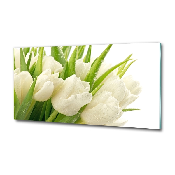 Cuadro decorativo de vidrio para salón horizontal tulipanes blancos