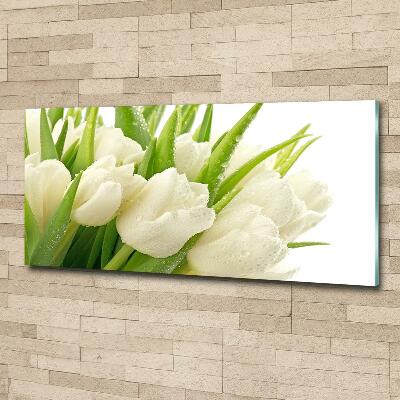 Cuadro decorativo de vidrio para salón horizontal tulipanes blancos