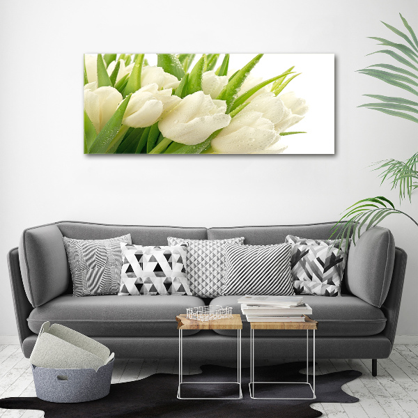 Cuadro decorativo de vidrio para salón horizontal tulipanes blancos