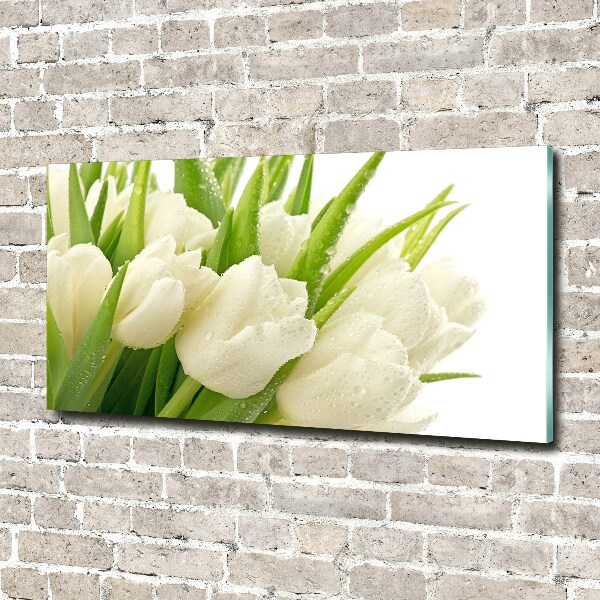 Cuadro decorativo de vidrio para salón horizontal tulipanes blancos