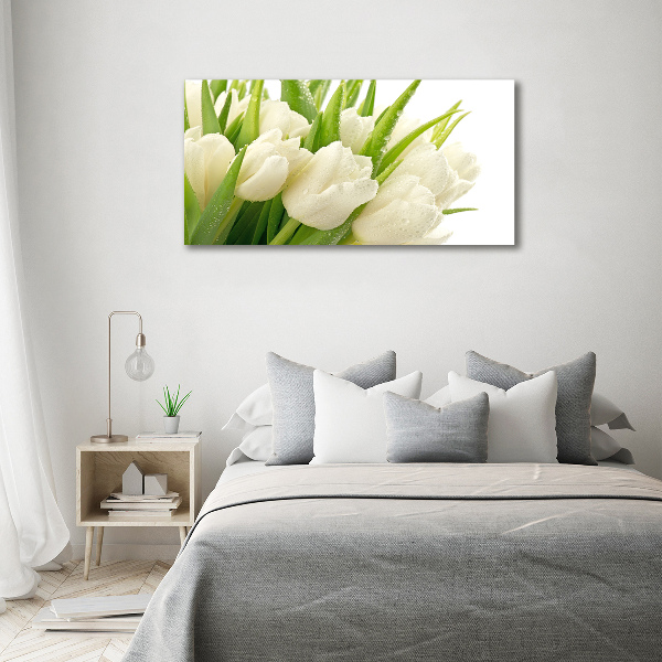 Cuadro decorativo de vidrio para salón horizontal tulipanes blancos
