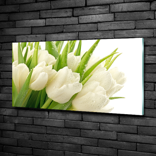 Cuadro decorativo de vidrio para salón horizontal tulipanes blancos