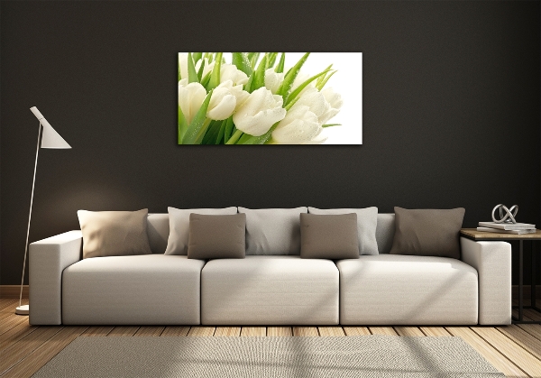 Cuadro decorativo de vidrio para salón horizontal tulipanes blancos