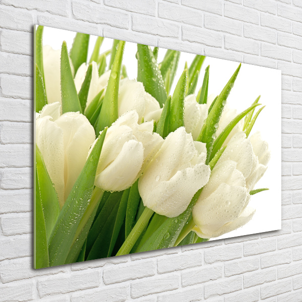 Cuadro decorativo de vidrio para salón horizontal tulipanes blancos