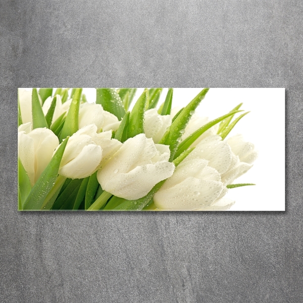 Cuadro decorativo de vidrio para salón horizontal tulipanes blancos