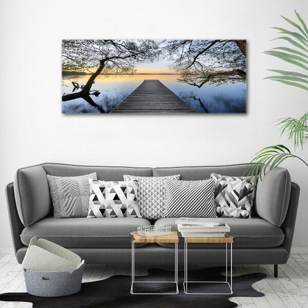 Cuadro de cristal templado moderno horizontal Muelle en el lago